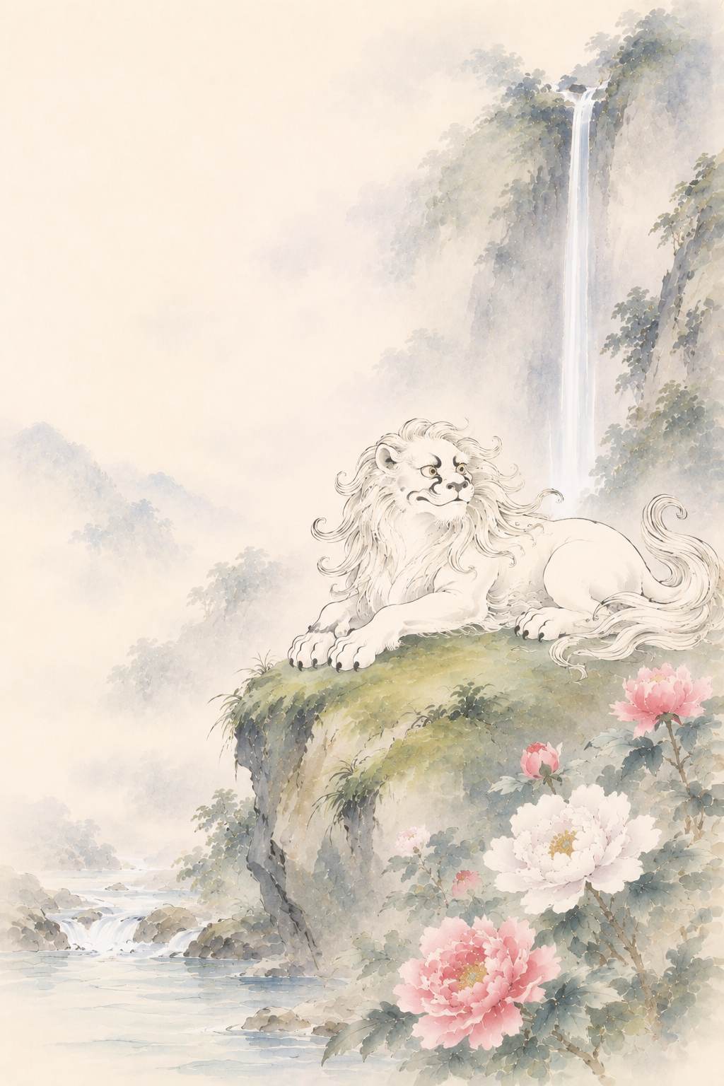 望月 滝と唐獅子牡丹