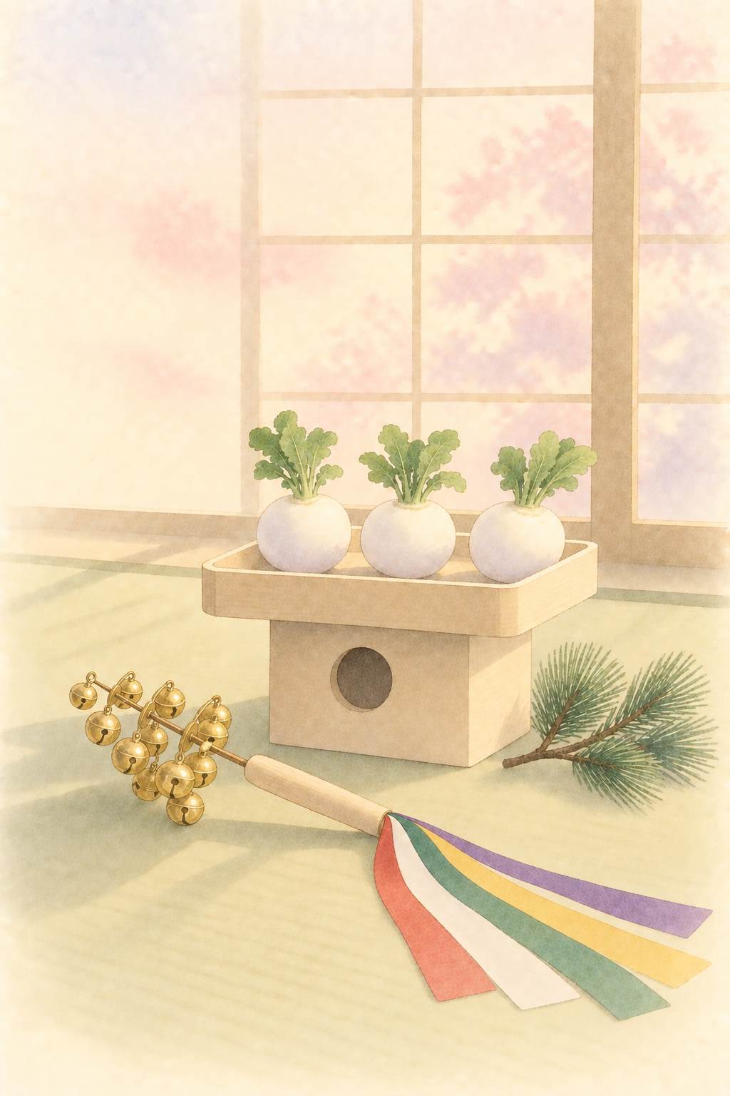 舌出し三番叟（清元） 三方の菘と神楽鈴