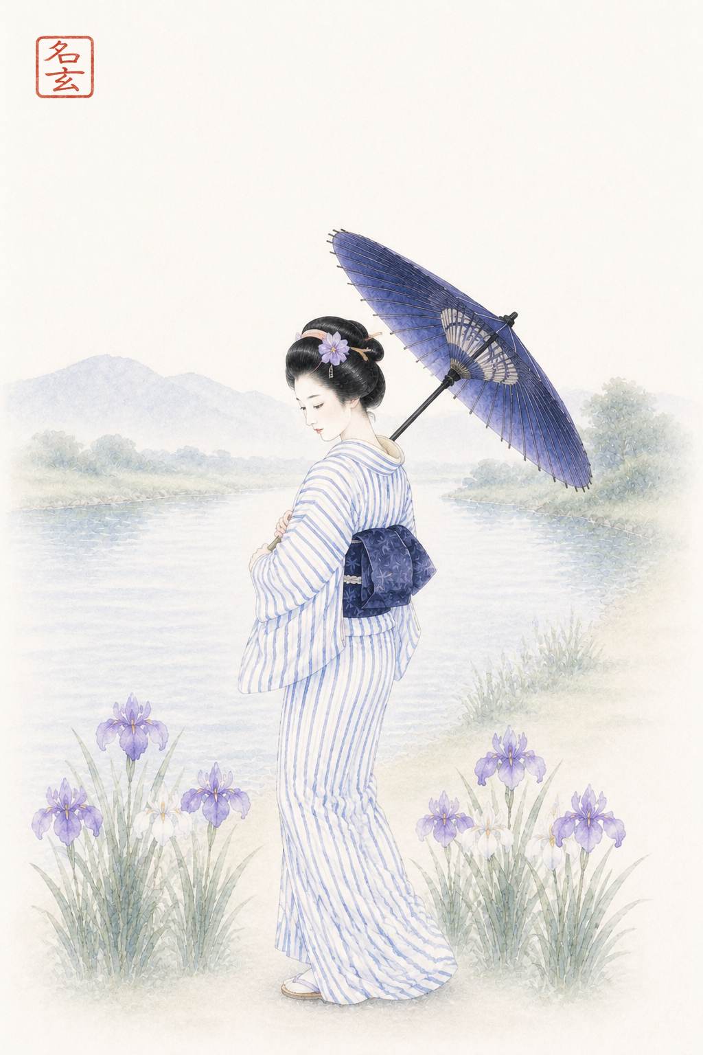 菖蒲浴衣 川辺静姿_現行原画_落款入り