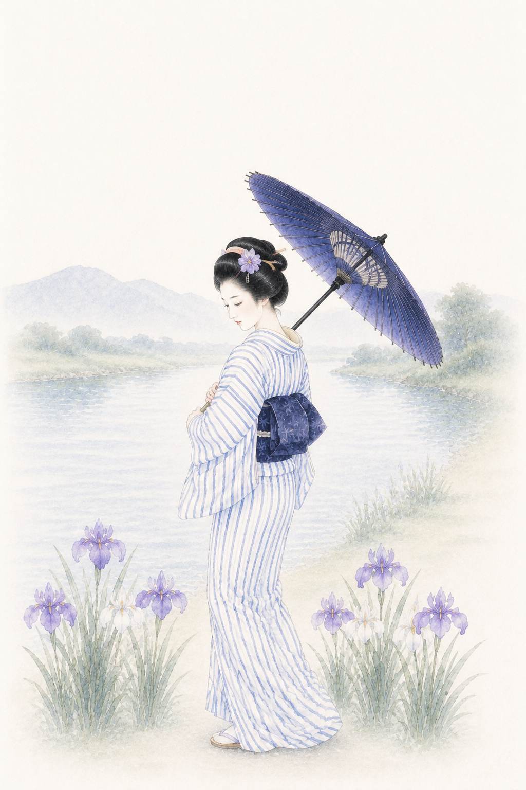 菖蒲浴衣 後ろ姿川面