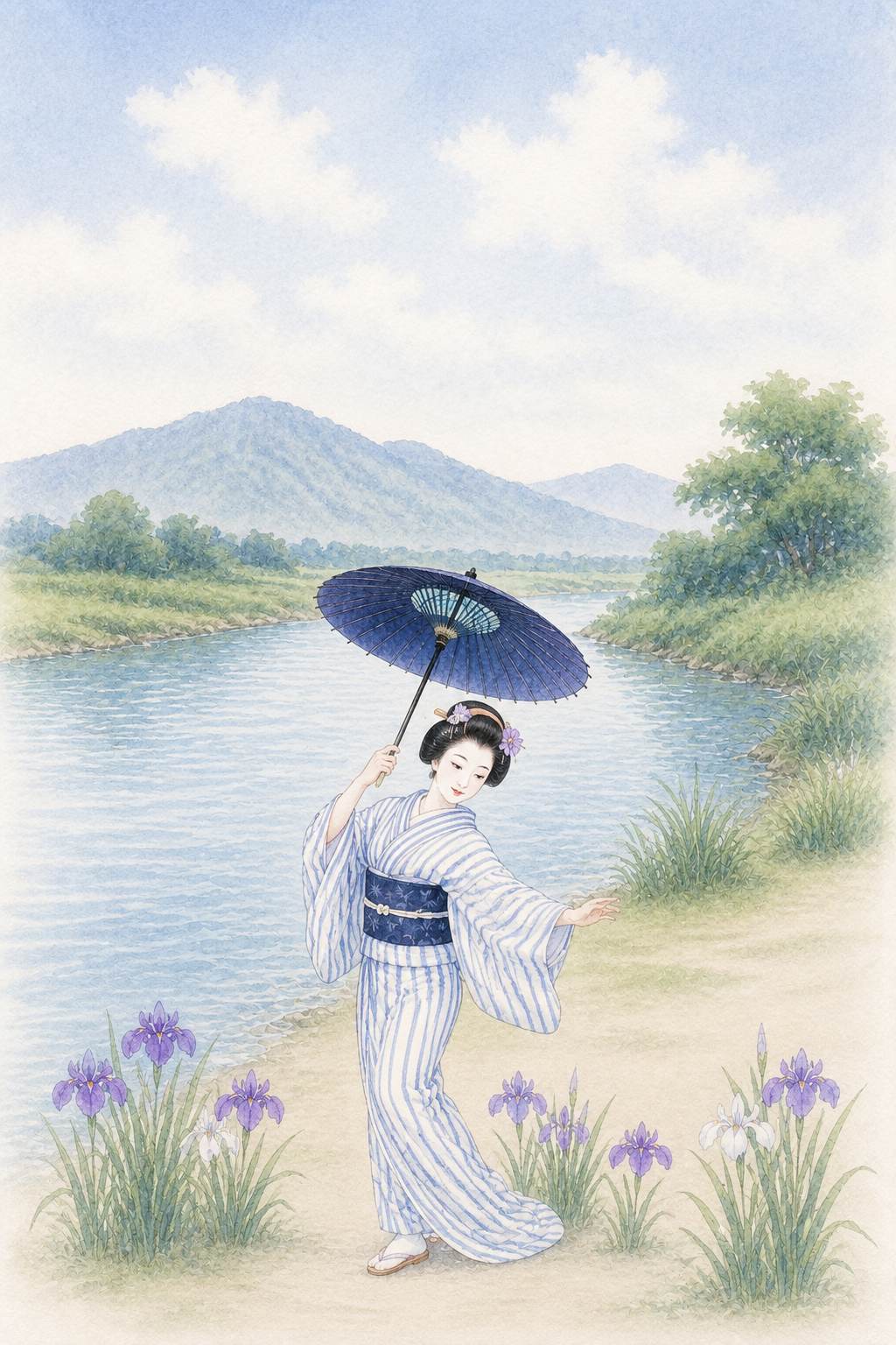 菖蒲浴衣 踊り姿_微笑み