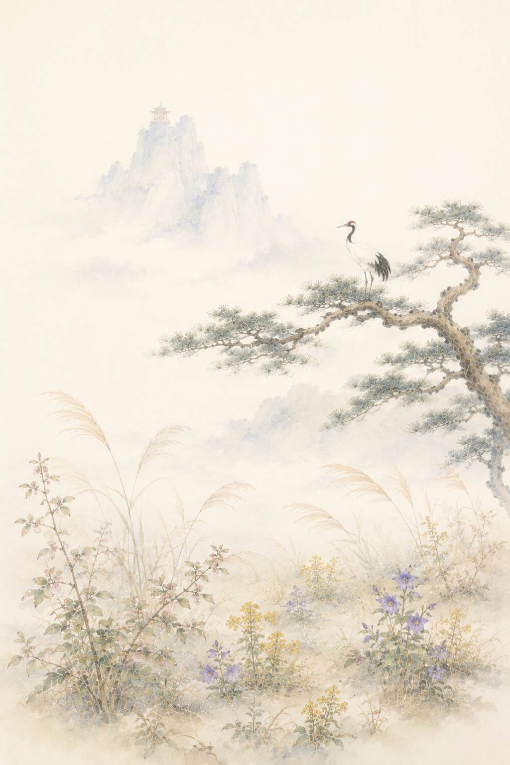 蓬莱 秋草と松の鶴
