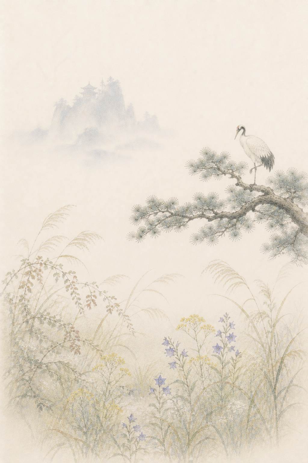 蓬莱 秋草と松の鶴_初版_網目
