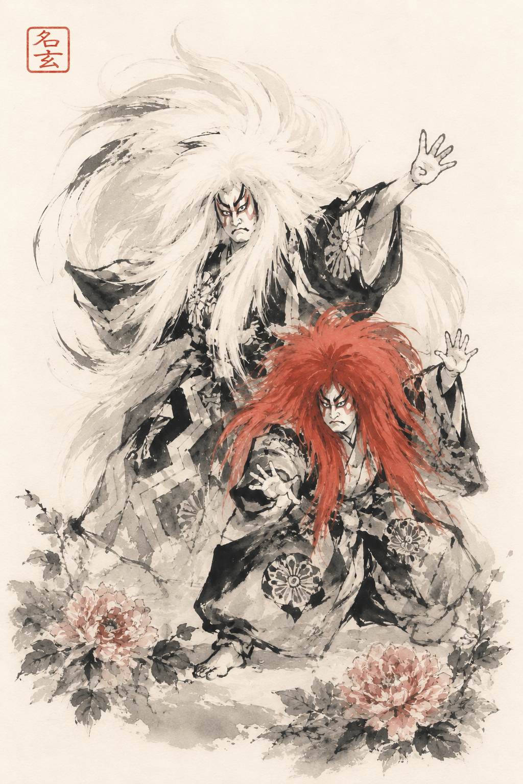 連獅子 墨絵_現行_落款入り