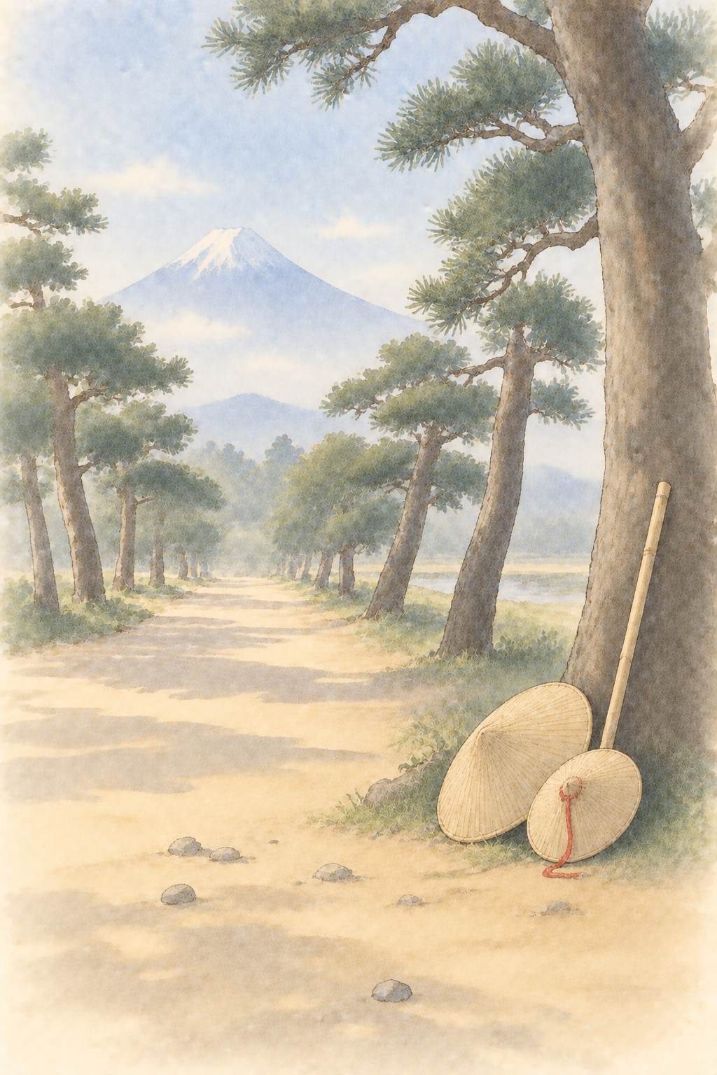 道行旅路の嫁入 松並木の菅笠と富士