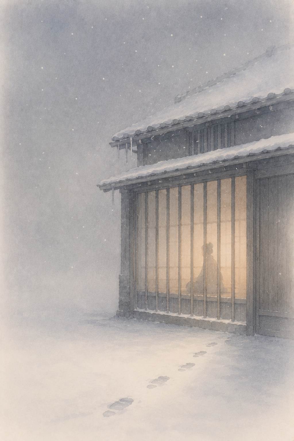 雪の夜 格子戸の灯り