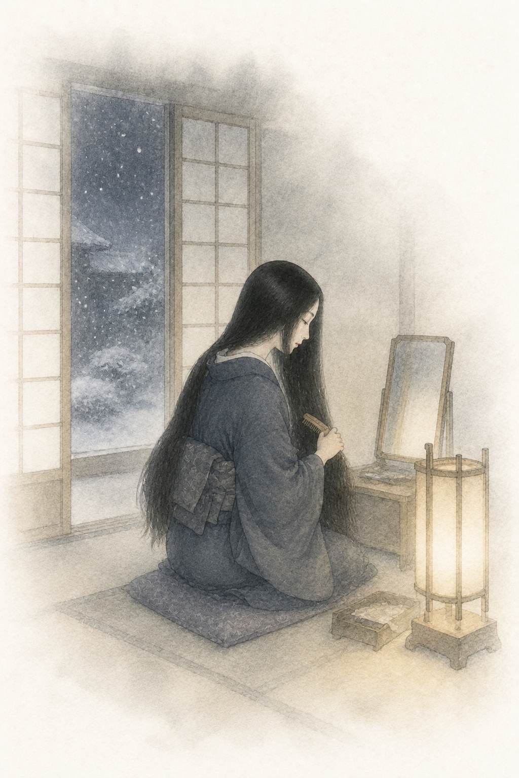 黒髪 雪夜の鏡台