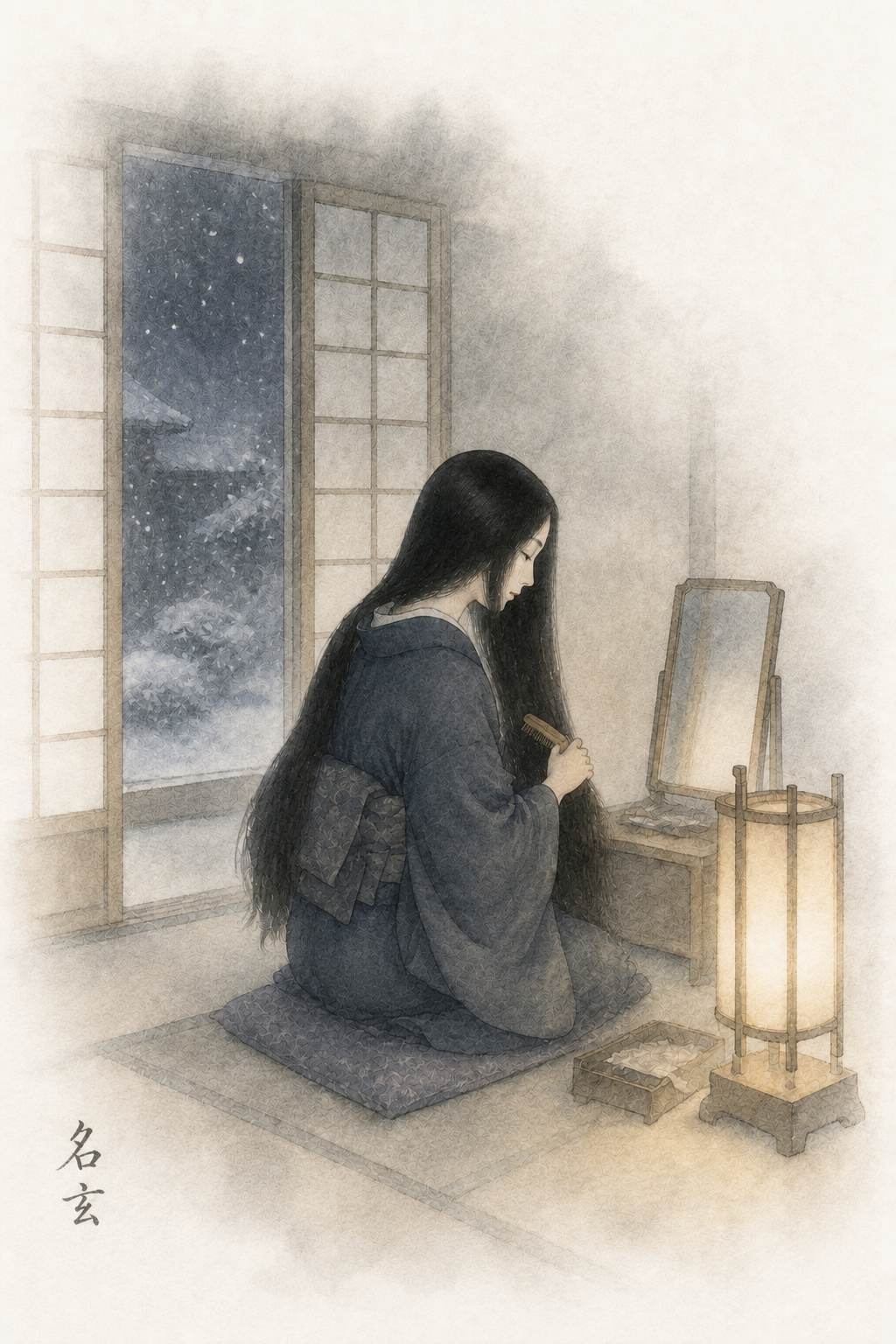 黒髪 雪夜の鏡台_名玄揮毫入り