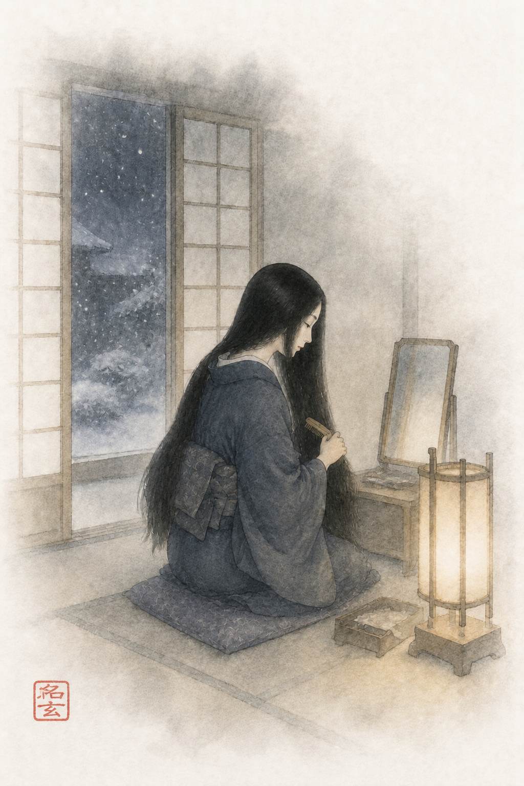黒髪 雪夜の鏡台_名玄落款印入り