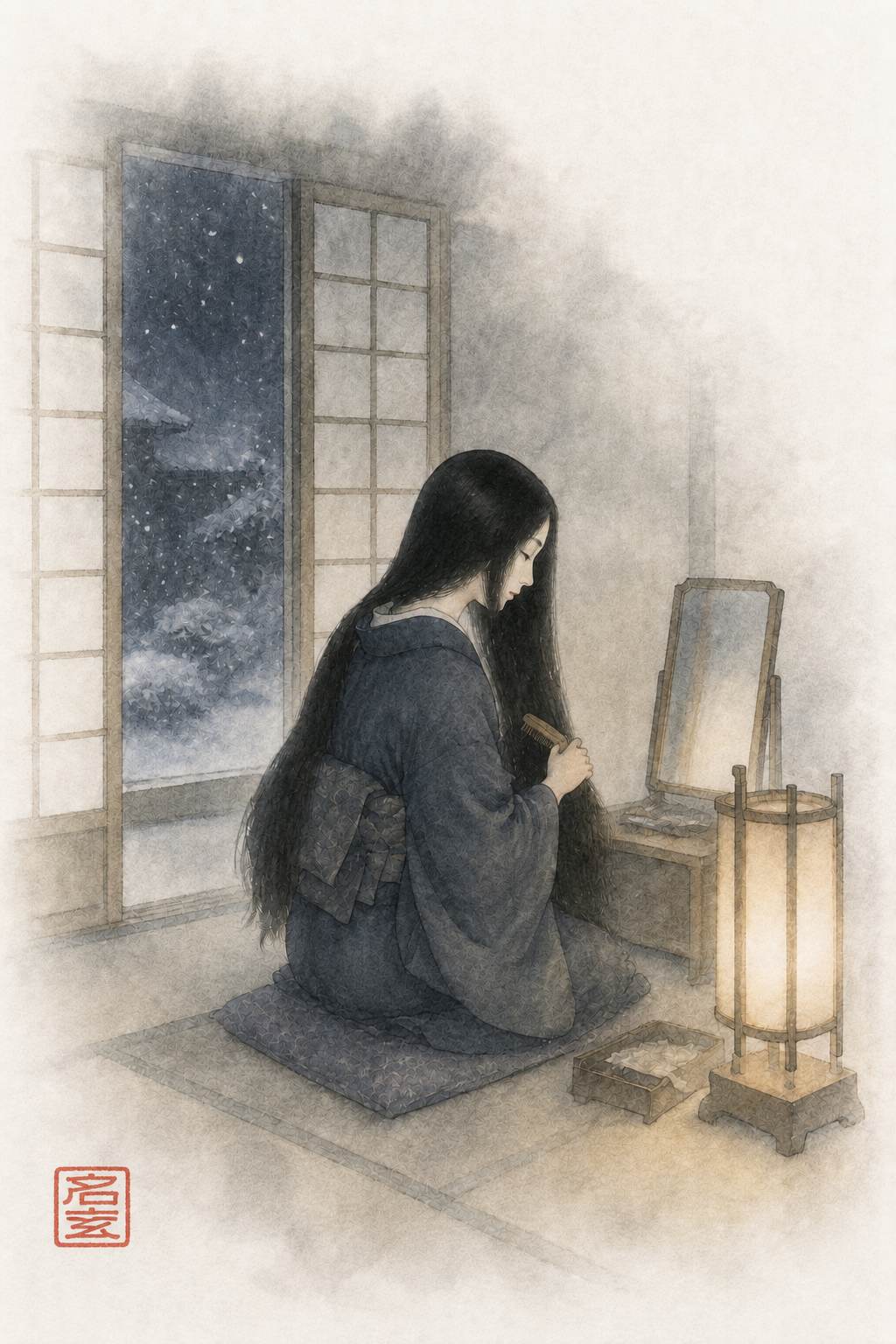 黒髪 雪夜の鏡台_名玄落款印入り_v2