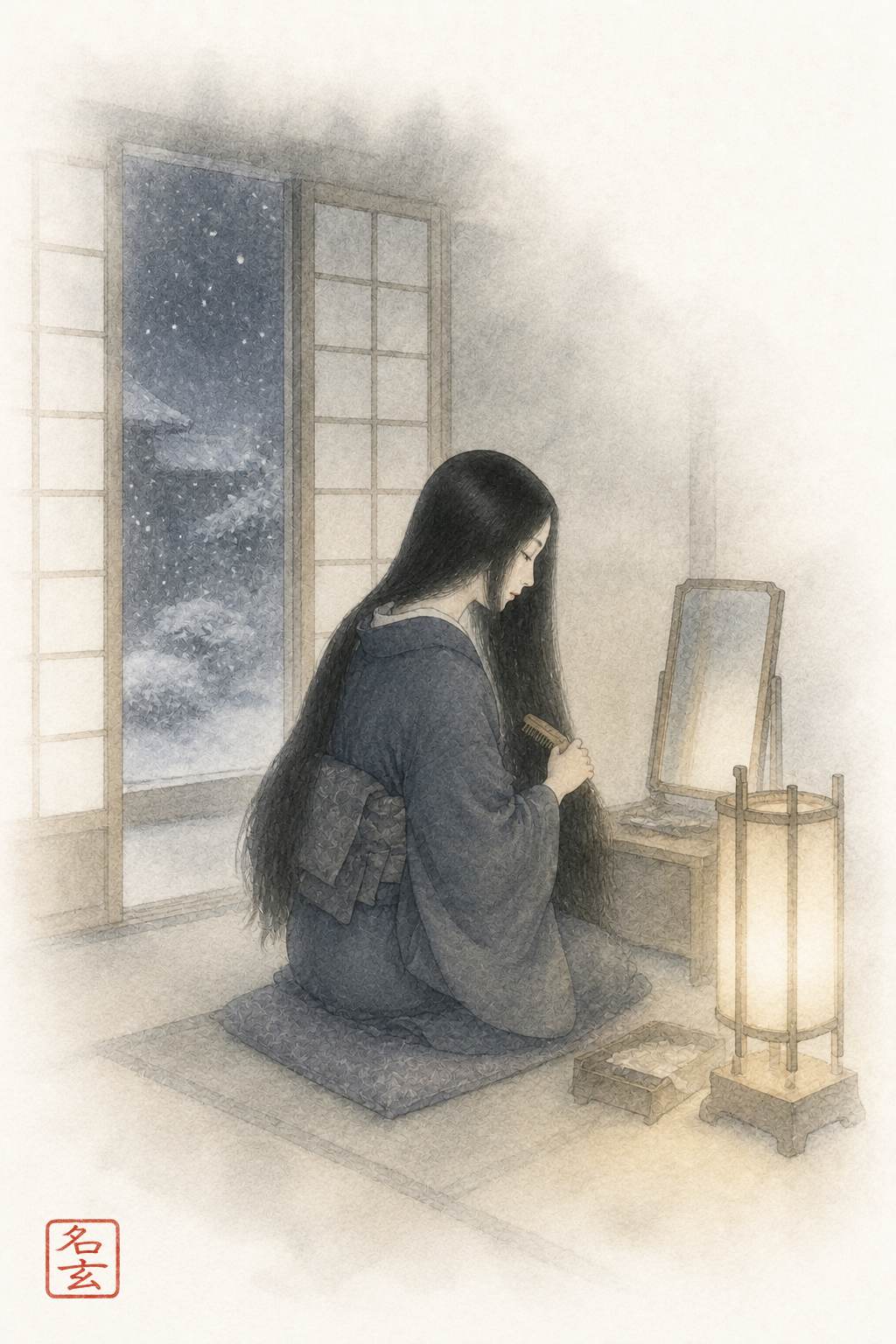 黒髪 雪夜の鏡台_落款入り